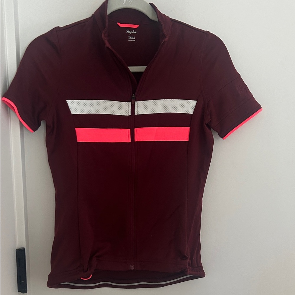 Rapha Maroon Cycling Jersey with Neon Pink and White Stripes